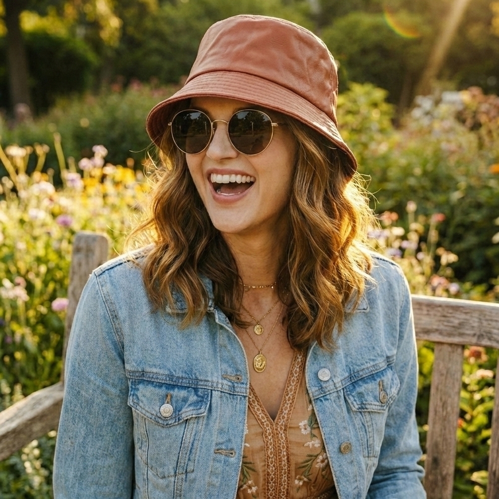 Brown Vegan Leather Bucket Hat Adjustable Fisherman Cap Lined Boho Spring Summer